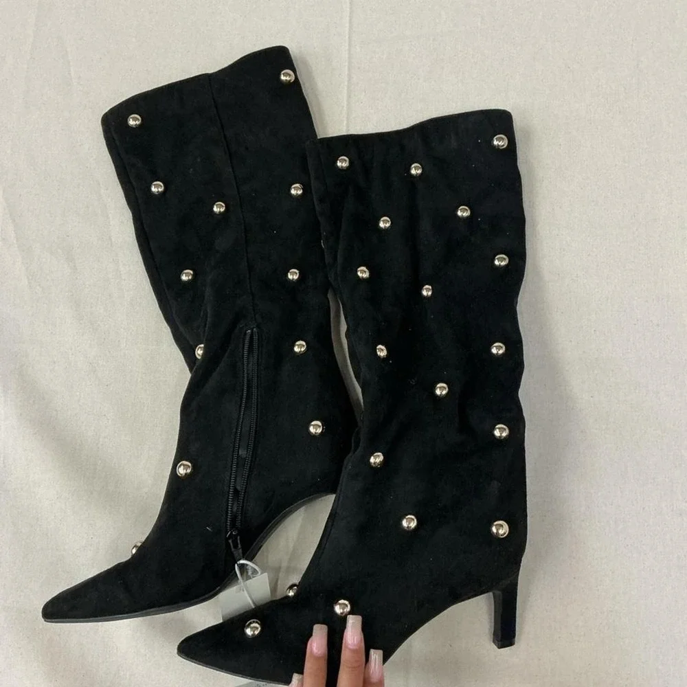 Statement black‎ studded knee-high boots